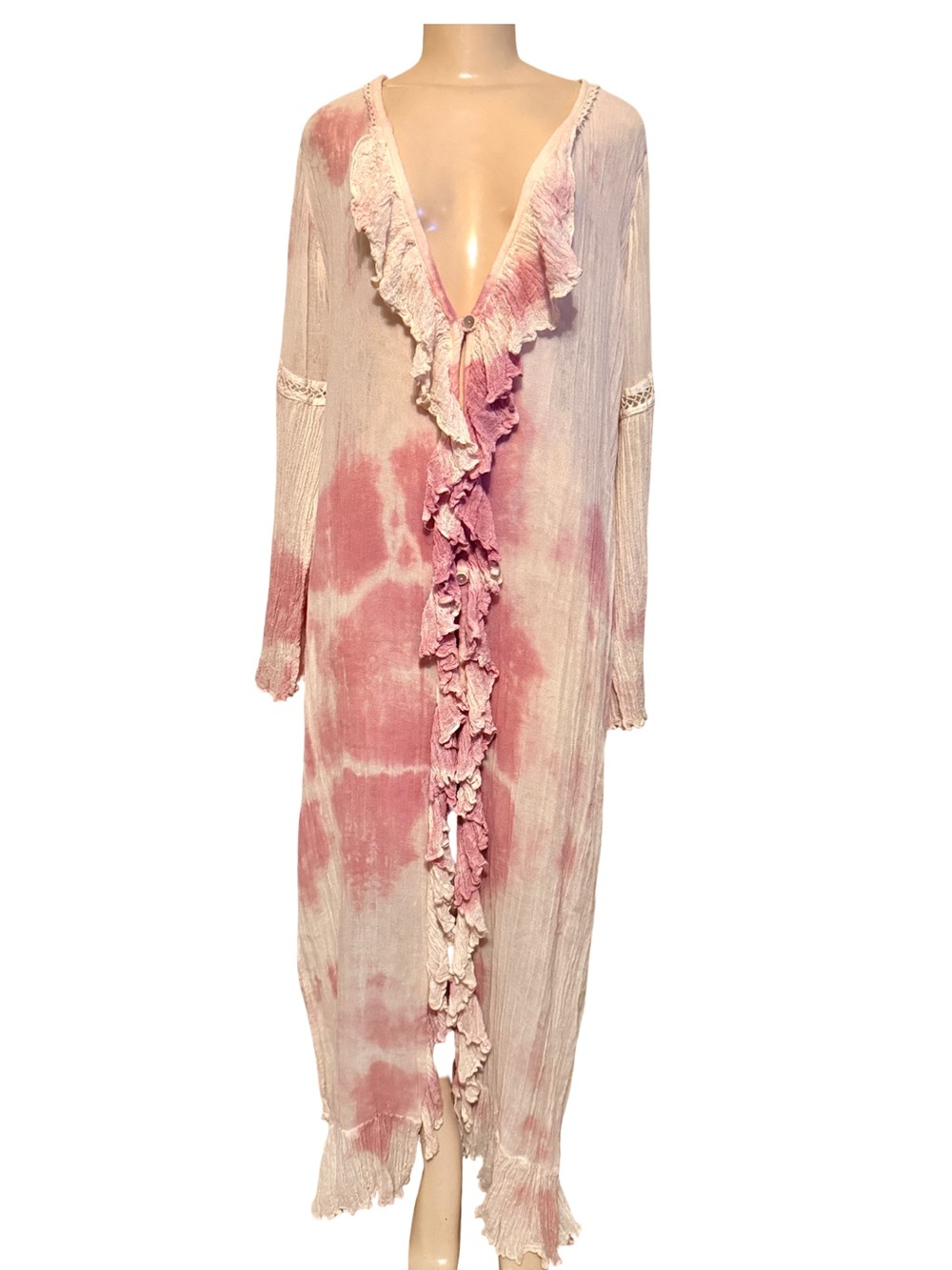 Tie-Dye Ruffle Front Gauze Dress in Pink and Cream M/L EUC